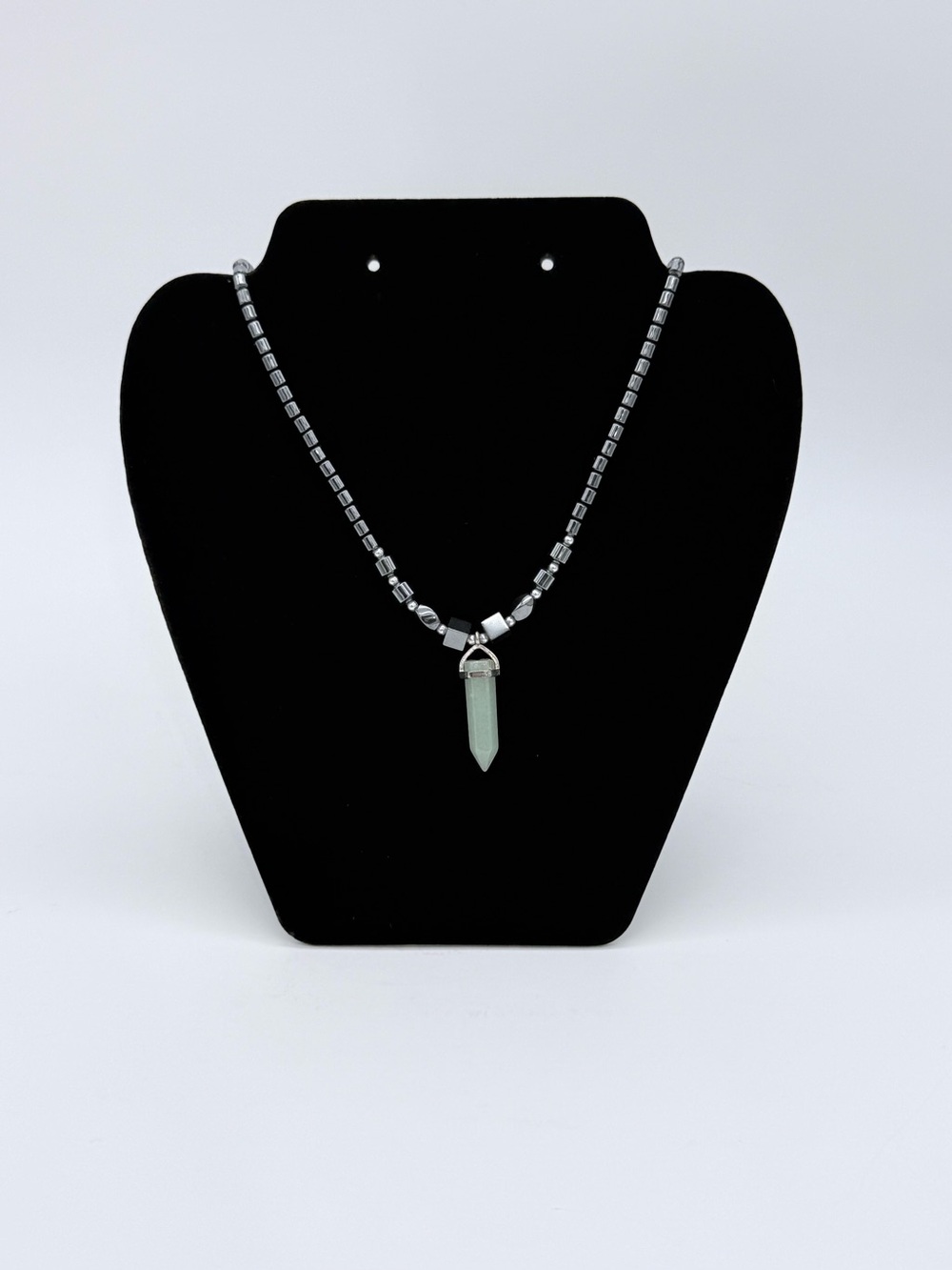 Vtg. Gunmetal Hematite Unisex Necklace With Sage Green Aventurine Pendant 17”